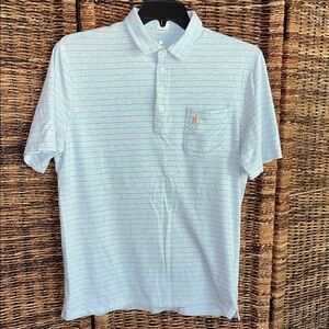 Johnnie-O Light Blue and orange Striped Polo Shirt